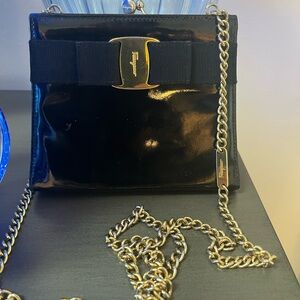 Authentic Salvatore Ferragamo black patent leather Vara purse